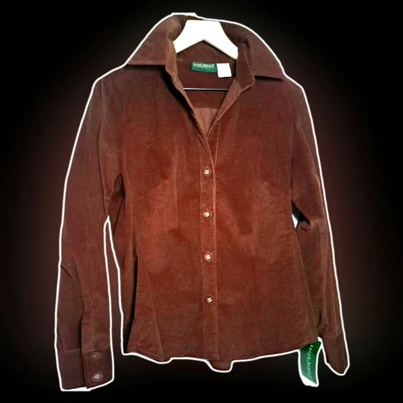 NWT women's fitted chocolate-brown corduroy button-up shirt, Harvé Benard. - Picture 2 of 11